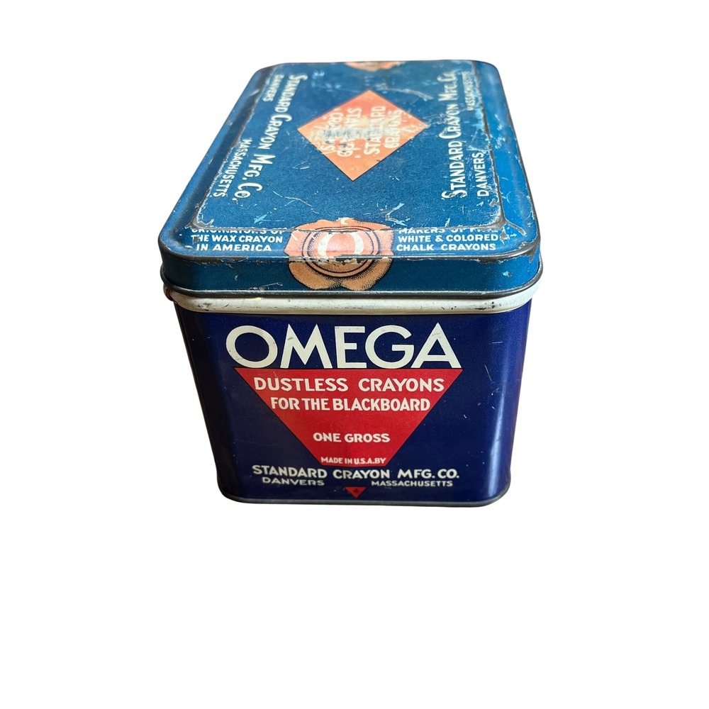 Vintage Omega Dustless Crayons Tin Standard Crayon Mfg Co Danvers MA Advertising
